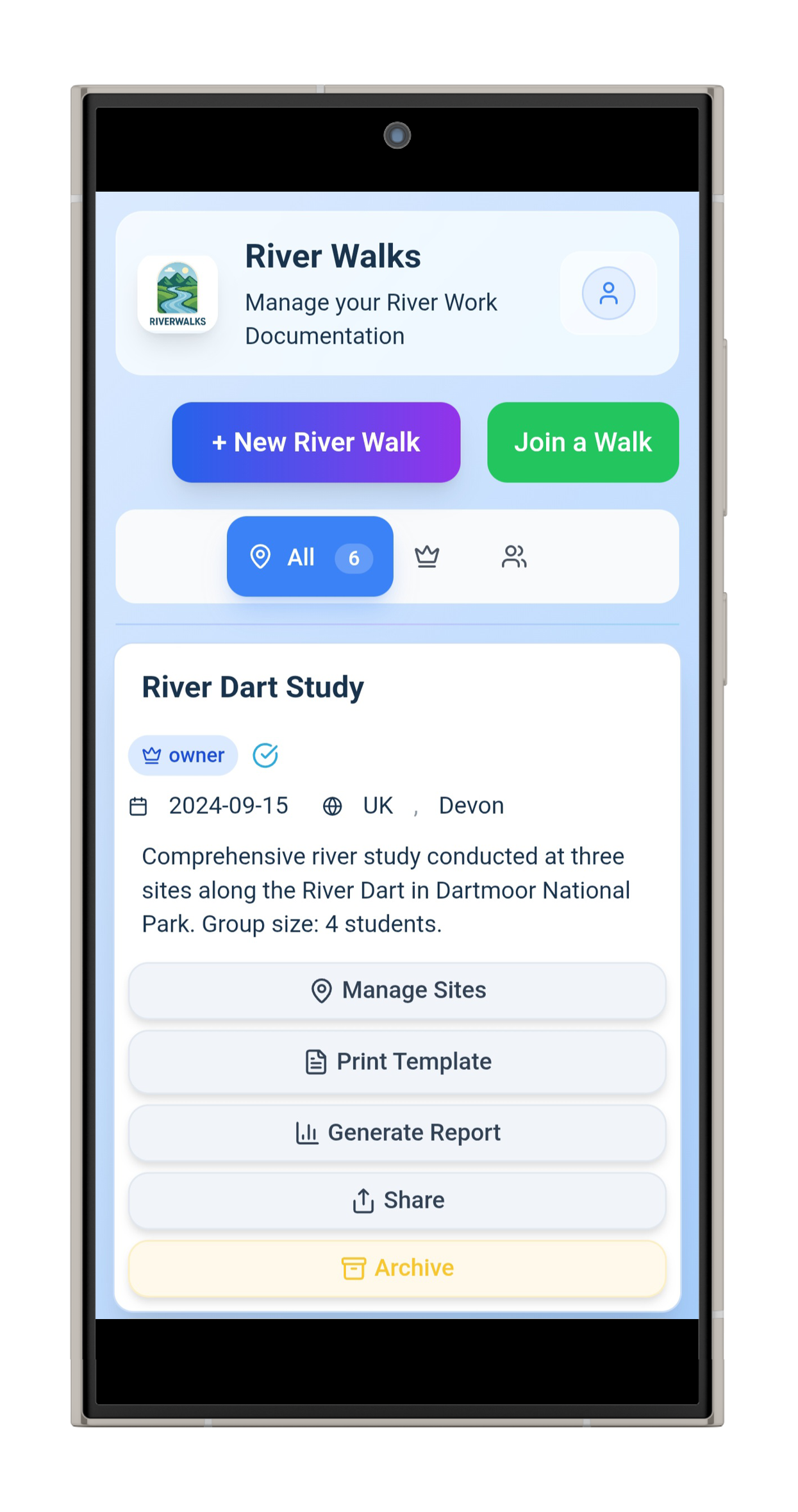 Riverwalks mobile app interface showing riverwalk management